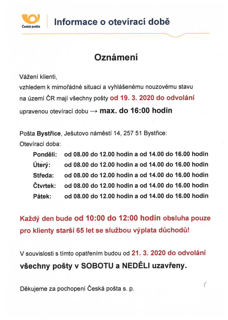 Otevírací doba Česká pošta Bystřice